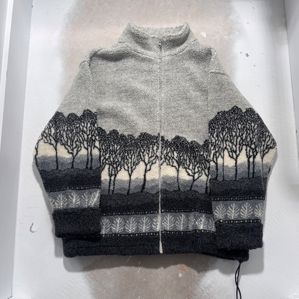 Vintage Scenic Tree Landscape Sherpa Fleece Jacket Grey Charcoal Full Zip L